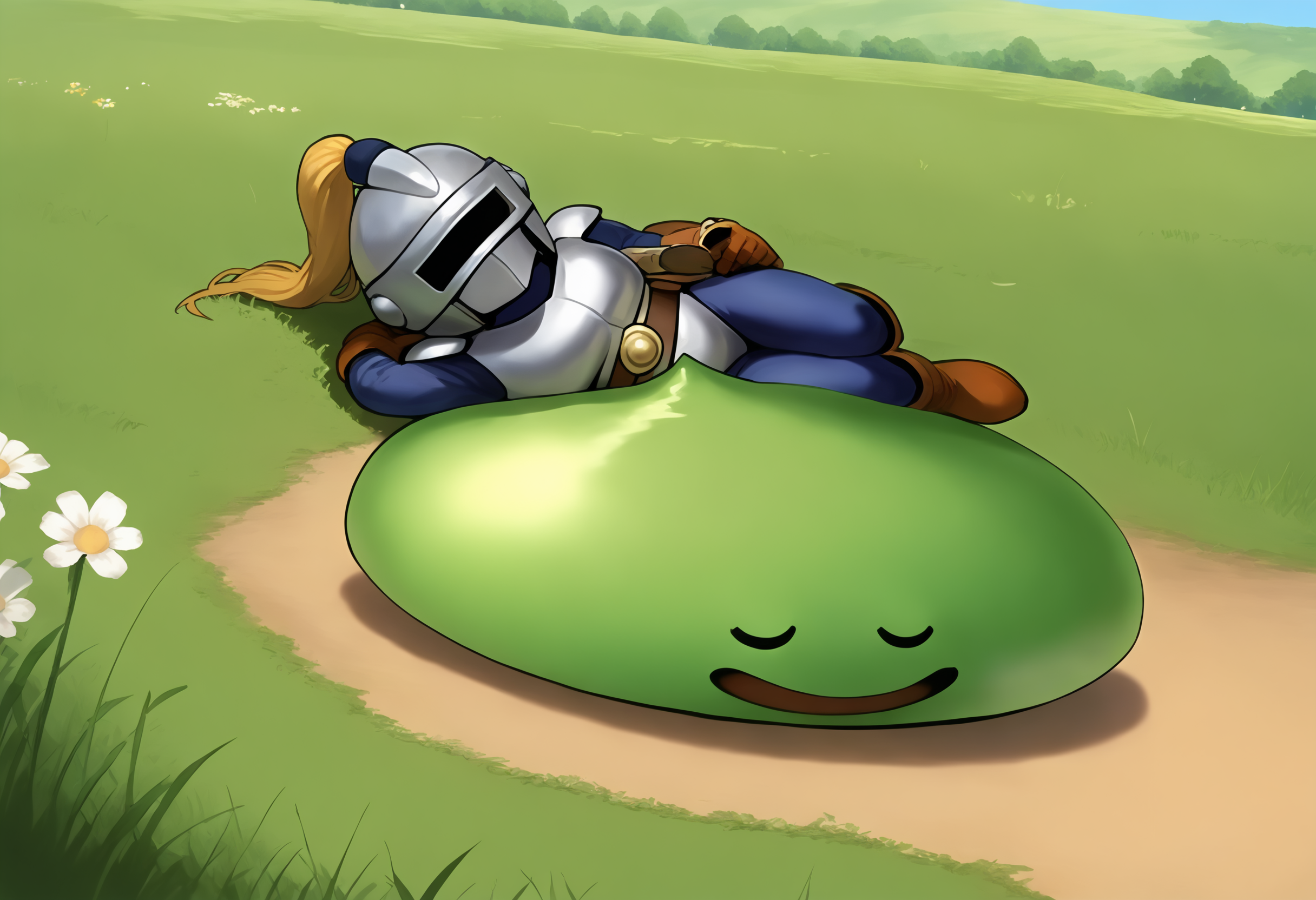 score_9,score_8_up,score_7_up,best quality,masterpiece,super detailed,extreme detailed,full_body,zPDXL BREAK nature,field,
<lora:Pony_DetailV2.0:1>,slime knight,slime_(dragon_quest),armor,helmet,knight,<lora:slime knight-v2:0.7>,sleeping,