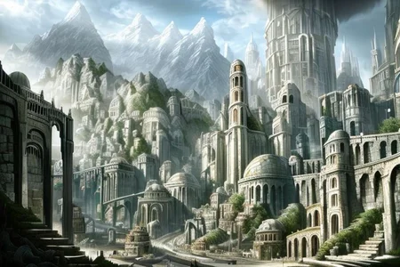 (masterpiece:1.2), (best quality,:1.2), 8k, HDR, ultra detailed, ((photorealistic)), professional light, cinematic lighting, fashion photography, ambient lighting, atmospheric effects, DarkFantasy, Numenor, a street with stairs in a big medieval fantasy city on a mountain, high towers, high walls, <lora:Numenor-10:1>, in the style of Middle Earth, Tolkien, Minas Tirith, epiCPhoto