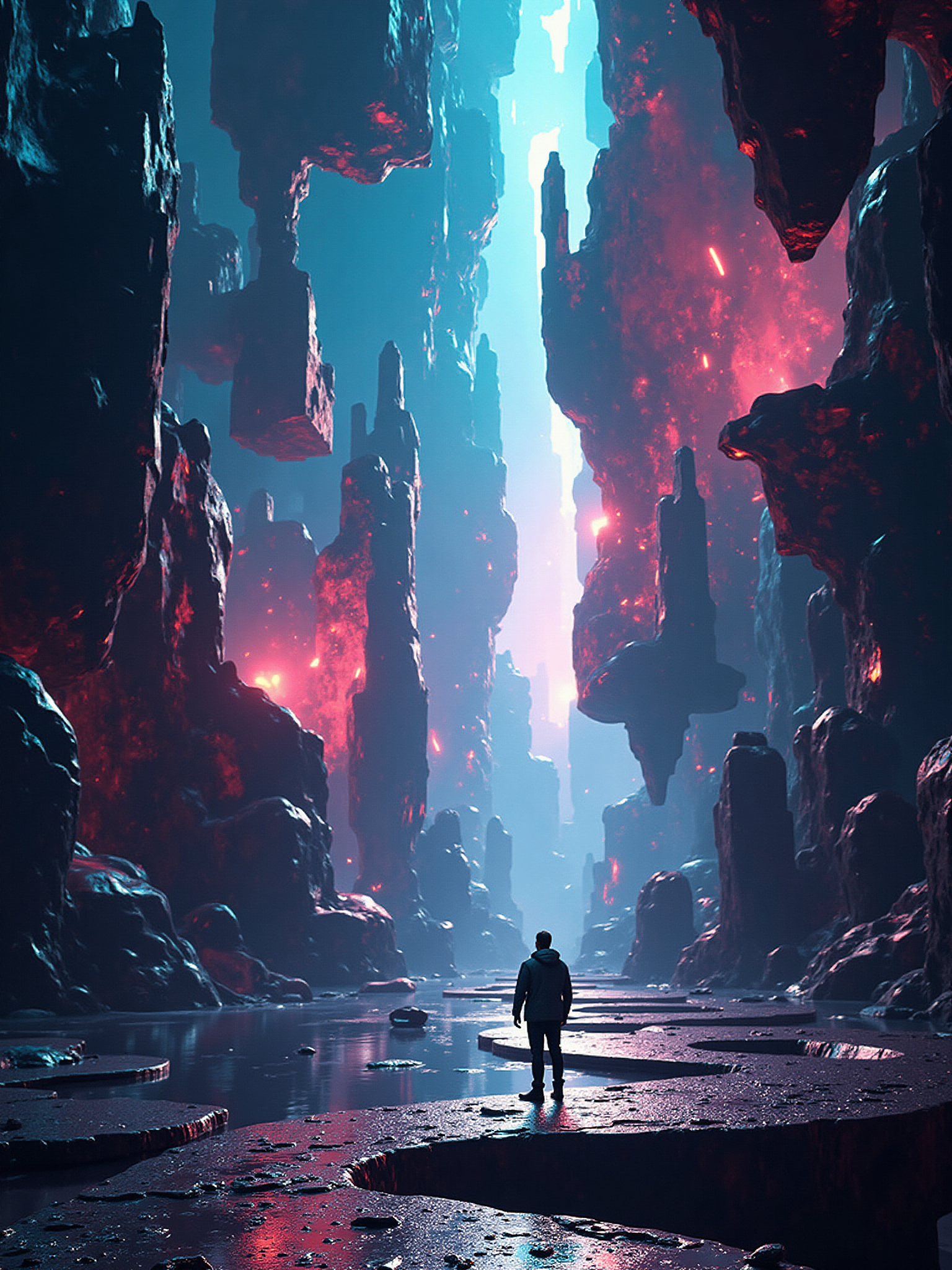 An abstract landscape representing a shattered dimension. Floating fragments of impossible architecture, rendered in impossible shapes, possess a dazzling futurism hyperreal iridescent quality. Cracks in reality emit intensely glowing energy, casting surreal reflections across the fragmented planes. This bizarre environment is a piece of purely conceptual digital art, meant to overwhelm the senses with its hyperreal detail and cinematic presentation, focusing on the glowing, surreal reflections.
<lora:ral-iridescent-hyperreal-futurism-flux_000003000:1>