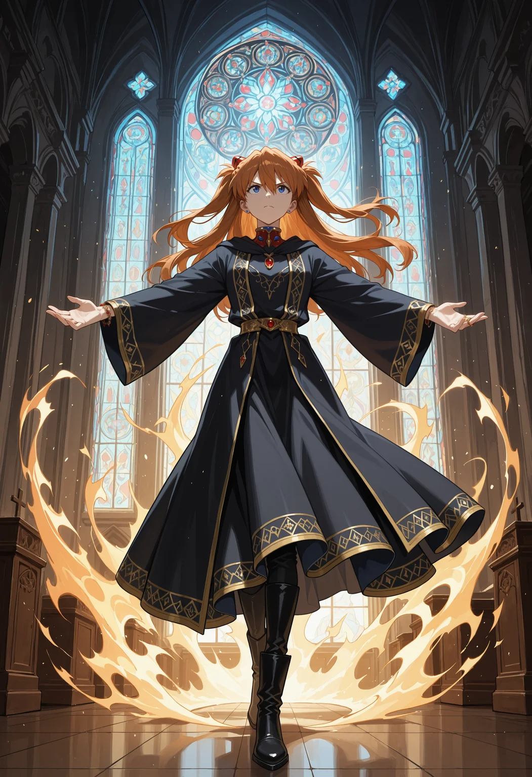 masterpiece, best quality, highres, absurdres, very awa, 1girl, solo, long hair, orange hair, hair between eyes, two side up, wizard, (aura), magic, (jewelry:1.2), (gem:1.1), indoors, church, spread arms, outstretched arms, full body, looking ahead, blue eyes, interface headset, stained glass, window, (ornate clothes), black robe, boots, backlighting, v-shaped eyebrows, closed mouth