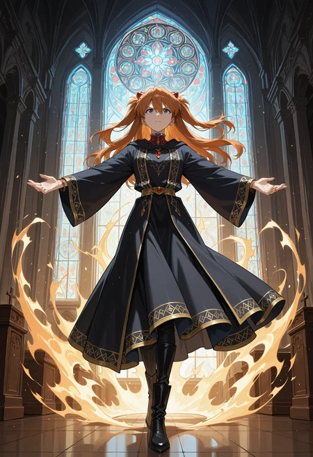 masterpiece, best quality, highres, absurdres, very awa, 1girl, solo, long hair, orange hair, hair between eyes, two side up, wizard, (aura), magic, (jewelry:1.2), (gem:1.1), indoors, church, spread arms, outstretched arms, full body, looking ahead, blue eyes, interface headset, stained glass, window, (ornate clothes), black robe, boots, backlighting, v-shaped eyebrows, closed mouth