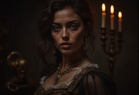 A portrait of a noblewoman, her elaborate jewelry catching the faint glow of candlelight, her eyes staring hauntingly at the viewer. bv-daraca<lora:bv-dark-academia-v1.safetensors:1.0:1.0>
