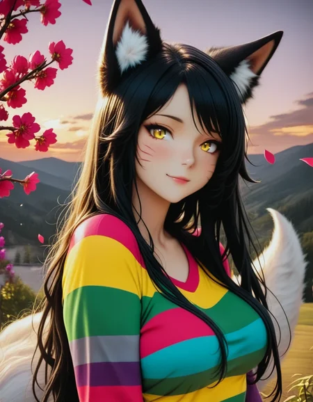 <lora:illustriousXLv01_stabilizer_v1.164:0.8><lora:noobai_ep11_stabilizer_v0.160_fp16:0.4>1girl,ahri,yellow eyes,black hair,long hair,rainbow sweater,upper body,portrait,light smile,falling petals,mountainous horizon,dusk,cloud,masterpiece,