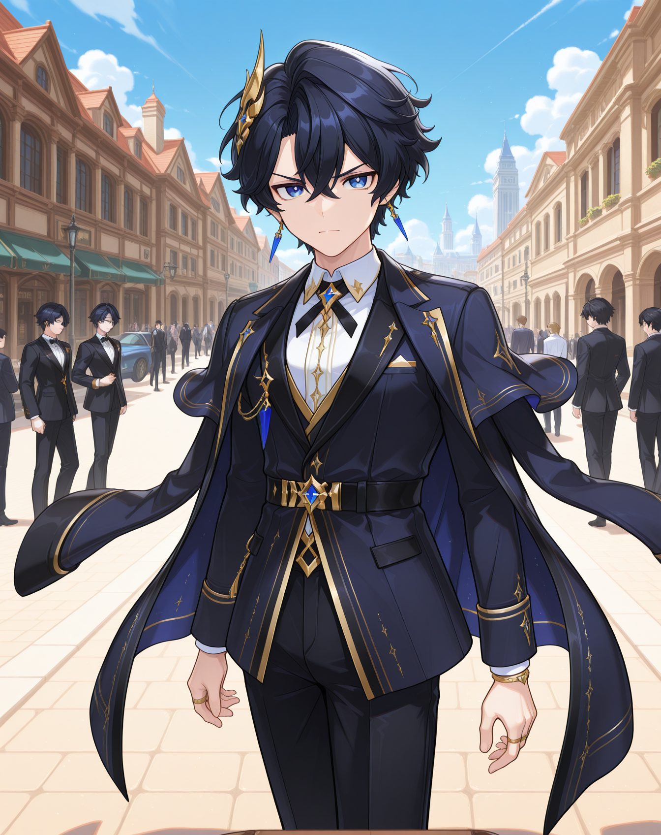 masterpiece,best quality,amazing quality, newest, very aesthetic, absurdres,
1boy, solo, yaoi, male focus, looking at viewer, cowboy shot, standing,
 <lora:Noah_Celestia_ilxl:1> noahcl, short hair, black hair, hair between eyes, blue eyes, crossed bangs, v-shaped eyebrows,
formal, tuxedo, neck ribbon, white shirt, collared shirt, black pants, shoes, black footwear, suit jacket, black jacket,
outdoors, day, blue sky, building, people,