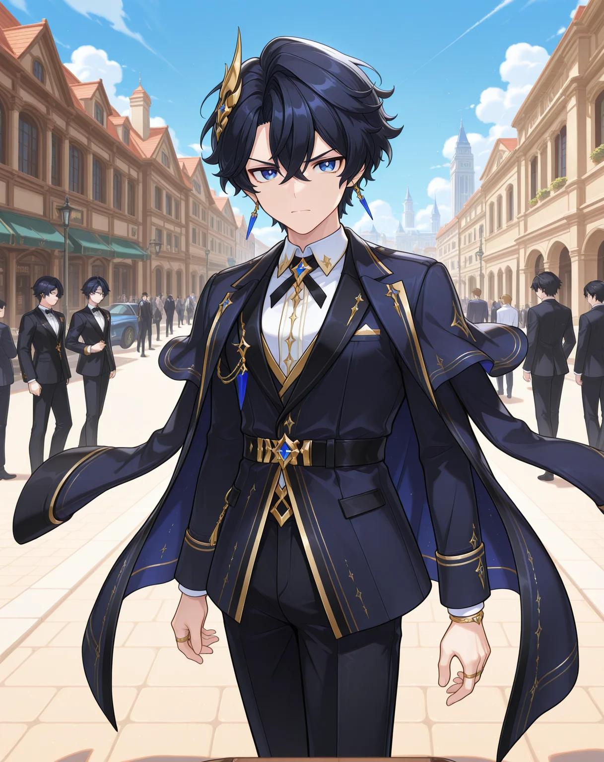 masterpiece,best quality,amazing quality, newest, very aesthetic, absurdres,
1boy, solo, yaoi, male focus, looking at viewer, cowboy shot, standing,
 <lora:Noah_Celestia_ilxl:1> noahcl, short hair, black hair, hair between eyes, blue eyes, crossed bangs, v-shaped eyebrows,
formal, tuxedo, neck ribbon, white shirt, collared shirt, black pants, shoes, black footwear, suit jacket, black jacket,
outdoors, day, blue sky, building, people,