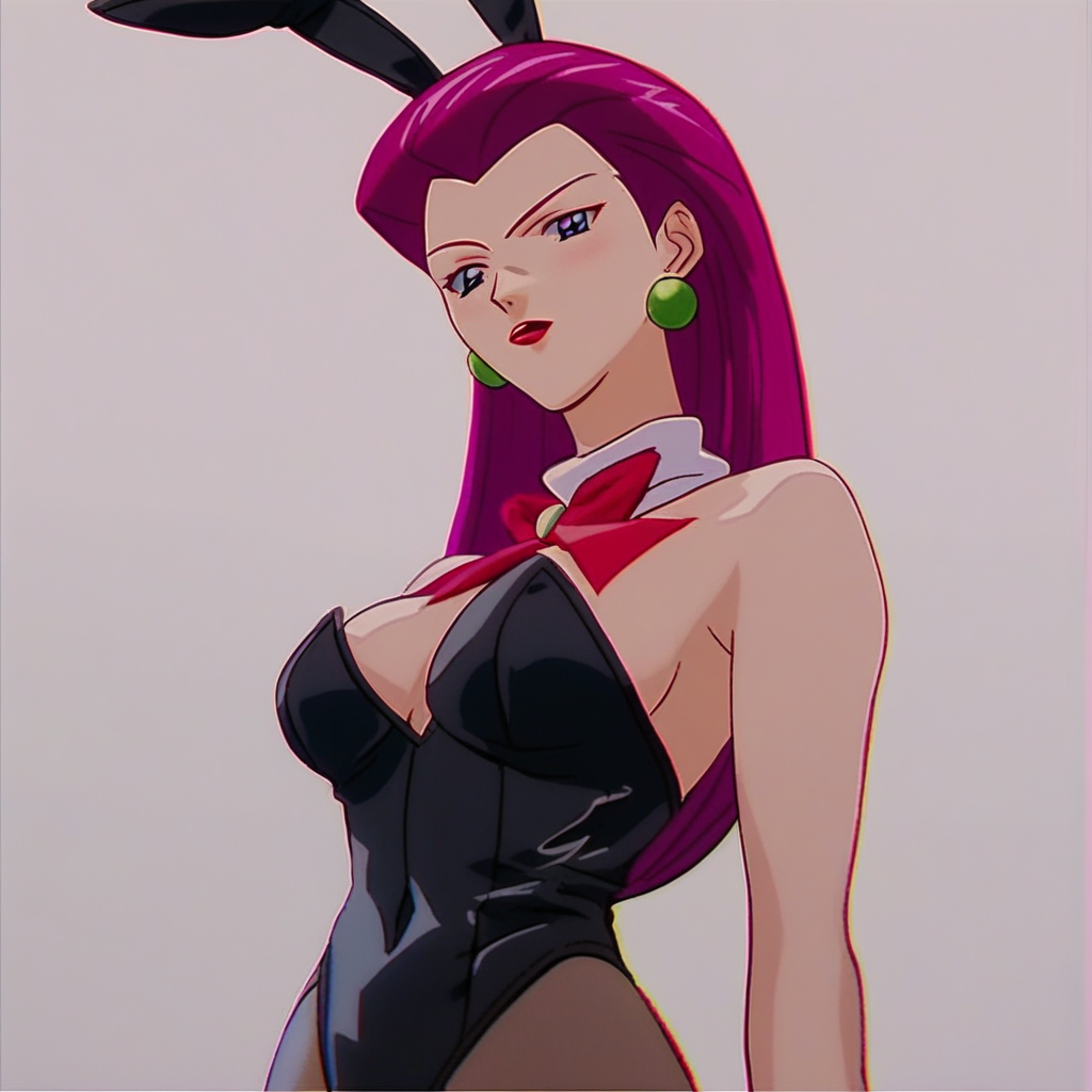 GT4ST3, source_anime,  artist style:Urushihara Satoshi, source_hentai, source_anime,1woman, looking at viewer, facing viewer, score_9, score_8_up, score_7_up, score_6_up, Jessie\(Pokemon\), BREAK, 1girl, solo,  bunnysuit, playboy_bunny, (Jessie from Pokemon), redhead, long hair, perfect face, perfect eyes, sexy, sexy girl, seductive, beautiful eyes, petite body, wide hips, large breasts, posing, dynamic angle, retro_artstyle