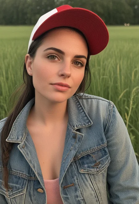 30yo american woman in a wheat field
Small eyes. Brown eyes.
Wearing ripped Denim jacket red hat
no makeup. Clear skin. realistic skin style
Long dark black slick back hair. No makeup. Dusk, Street light. Looking at camera POV. Slight smile, tilting head.. Tilt head. Hands in head, face, lips.
Medium Close Up shot. Bokeh. Bokeh light.