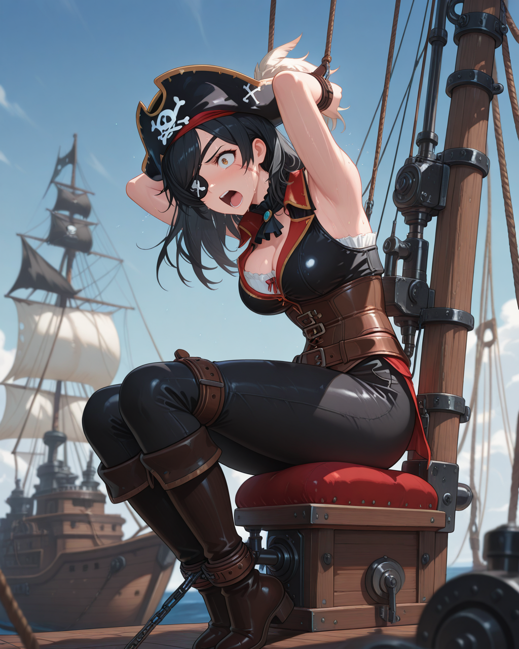 masterpiece,best quality,higres illustration,detailed face,1girl,full body,from side,arms behind head,<lora:bdsmtech_IL:1>,bdsm,machine,sitting,pirate hat,pants,eyepatch,black hair,swept bangs,screaming,sweat,scar,sky,ship,