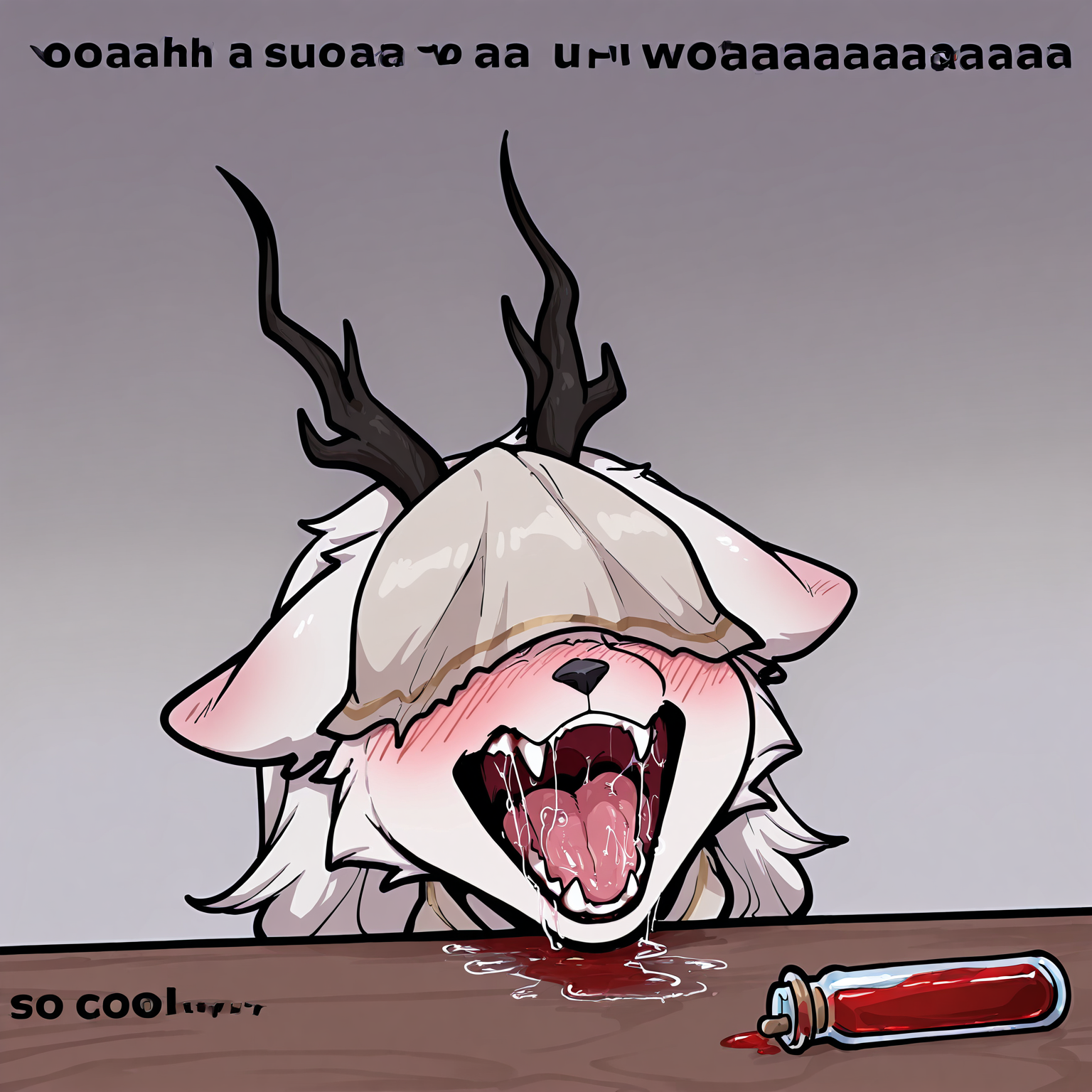 <lora:Vicar_Amelia__Illustrious:1> bbvicamelia, <lora:WaoPipeBomb-IL-v1-rev2-cv:1> woahpipebomb, chibi, blood vial on the table, open mouth, blush, saliva, fang, english text,, masterpiece, best quality, newest, absurdres, highres, very aesthetic,