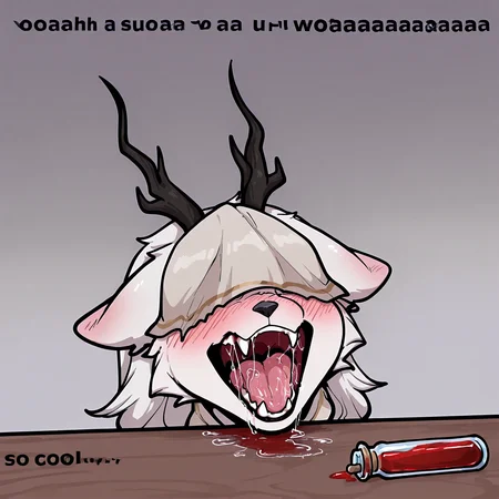 <lora:Vicar_Amelia__Illustrious:1> bbvicamelia, <lora:WaoPipeBomb-IL-v1-rev2-cv:1> woahpipebomb, chibi, blood vial on the table, open mouth, blush, saliva, fang, english text,, masterpiece, best quality, newest, absurdres, highres, very aesthetic,
