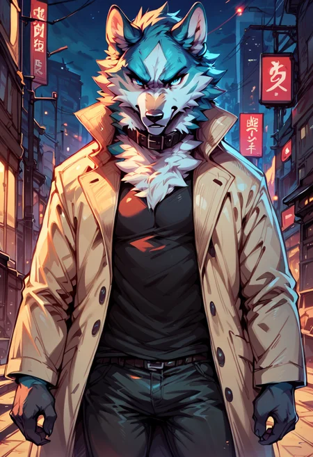 score_9, score_8_up, score_7_up, solo, shirou ogami, bna, furry, collar, black shirt, pants, trench coat, dark, night, city, detailed background, looking at viewer, Intimidating, <lora:Shirou_Ogami:1>