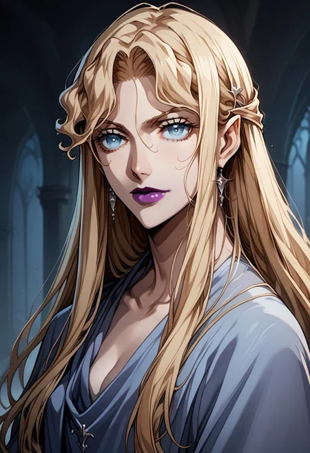 source_anime, (C4STL3V4NI4), ((score_9)),score_8_up,score_7_up,score_6_up,score_5_up,score_4_up,<lora:Castlevania_Style_Pony-v1:0.7>, Castlevania_Style, Castlevania Style, 1woman, brita_(darker_than_black), long_hair, blonde_hair, blue eyes, purple_lips, vampire,