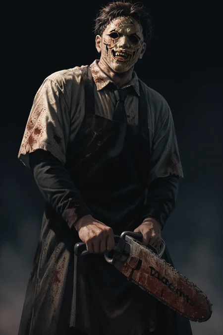 score_9, score_8_up, score_7_up, score_6_up, source_anime, <lora:Leatherface-PonyXL-lora-Faxtron:1> leatherface, 1boy, holding chainsaw, horror \(theme\),