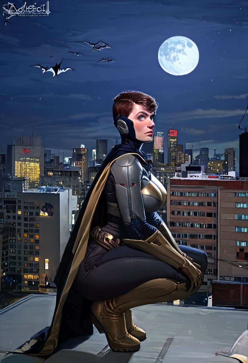 score_9, score_8_up, score_7_up, 1girl, solo, voluptuous, thick thighs, tanlines, arched back, crouching, clothed,  at night, moon, on rooftop, bats flying,
batgirlbg,blue eyes,brown hair,
bodysuit,mask,cape,armor,helmet,serious,looking at viewer,
night, cityscape, Joburg,
solo,<lora:batgirlBGXL-11:1>,