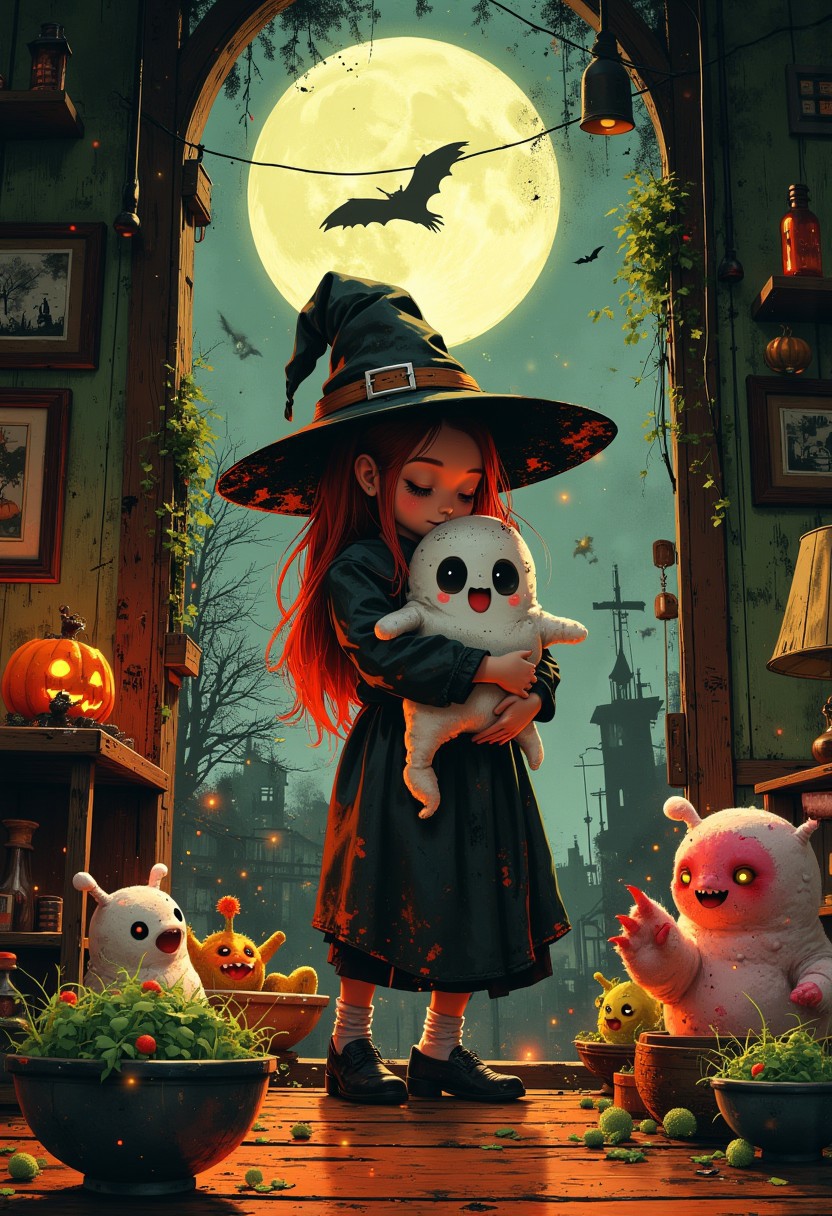 Imagine a whimsical scene featuring a cute witch hugging a cuddly ghost plushie, spirits floating gently through a moonlit room, surrounded by tiny, playful monsters peeking from behind candy bowls. The atmosphere is charming yet slightly eerie, with shadows dancing on the walls.
