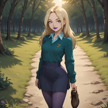 score_9, score_8, BREAK, solo, total drama, 1girl, light blonde hair, long hair, blue eyes, black eyebrows, purple lips, dark green sweater, cyan collared shirt, skirt, pantyhose, shoes, Dawn_(Total_Drama), tdroti, cute, sexy pose, self portrait, smile, outdoors, sunlight, shadows, evening lighting, natural lighting, forest, trees, grass, orange sky, sunset