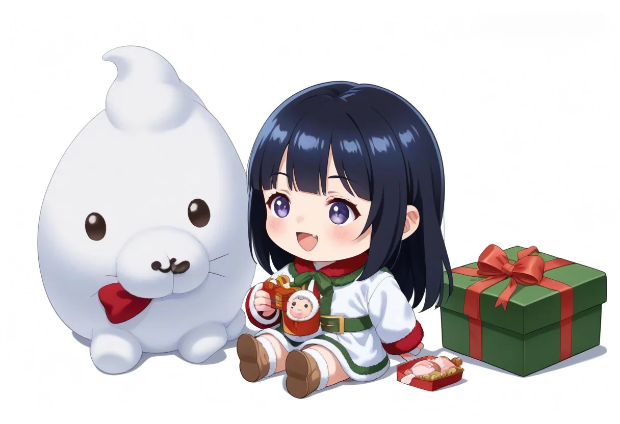 chibi solo, 1girl, medium black hair fluffy blue hanfu, wide long sleeves white hanfu, funny, chibi sitting, infant, toddler,
Fat chibi open christmas gifts, medium, baby, infant, toddler,
Toy plushie, opened mouth, smile, giggled, white background, christmas party, chibi, chibi, infant, force side view, force from side,