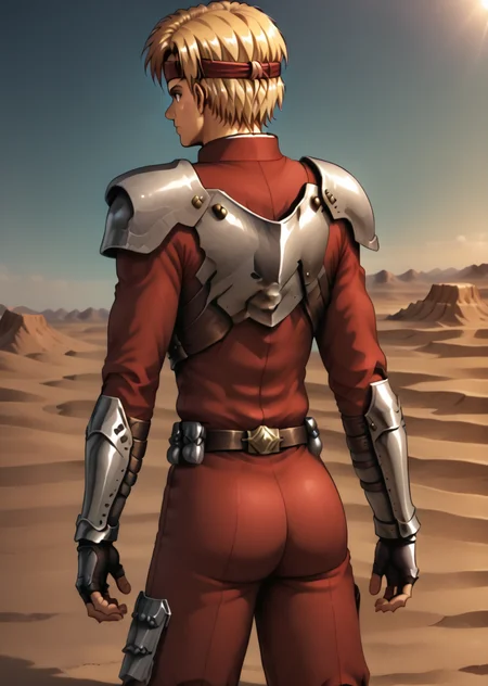 Chaz Ashley, solo, standing, desert, dynamic pose, armor, uniform, headband, from behind, <lora:Chaz_Ashley-000011:1>