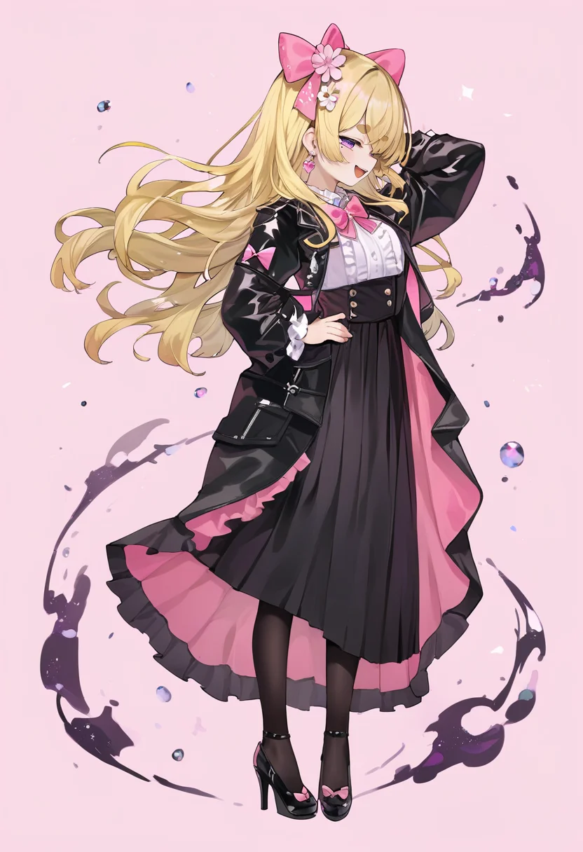 score_9, score_8_up, score_7_up, score_6_up, <lora:caoXL_TPN55_lokr_V43P1:0.95> rokumeikan kiriko, nijisanji, 1girl, arm behind head, black jacket, black pantyhose, black skirt, blonde hair, bow, bowtie, brooch, center frills, earrings, floating hair, flower, frills, from side, full body, hair flower, hair ornament, half-closed eyes, hand on own hip, hand up, high heels, jacket, jewelry, juliet sleeves, long hair, long sleeves, looking at viewer, looking to the side, mole, mole under eye, open clothes, open jacket, open mouth, pantyhose, petticoat, pink background, pink bow, pink bowtie, profile, puffy sleeves, purple eyes, ringlets, shirt, sidelocks, simple background, skirt, smile, smug, solo, standing, suspender skirt, suspenders, thick eyebrows, virtual youtuber, white shirt