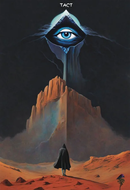 Tarot card design for the magician card with Malaclypse the Younger as the magician, in the desert with a pyramid in the background with an eye looking at the magician, mandala, golden Apple, UFO, dark vaporwave color palette, Perfect Hands, 3l3ctronics