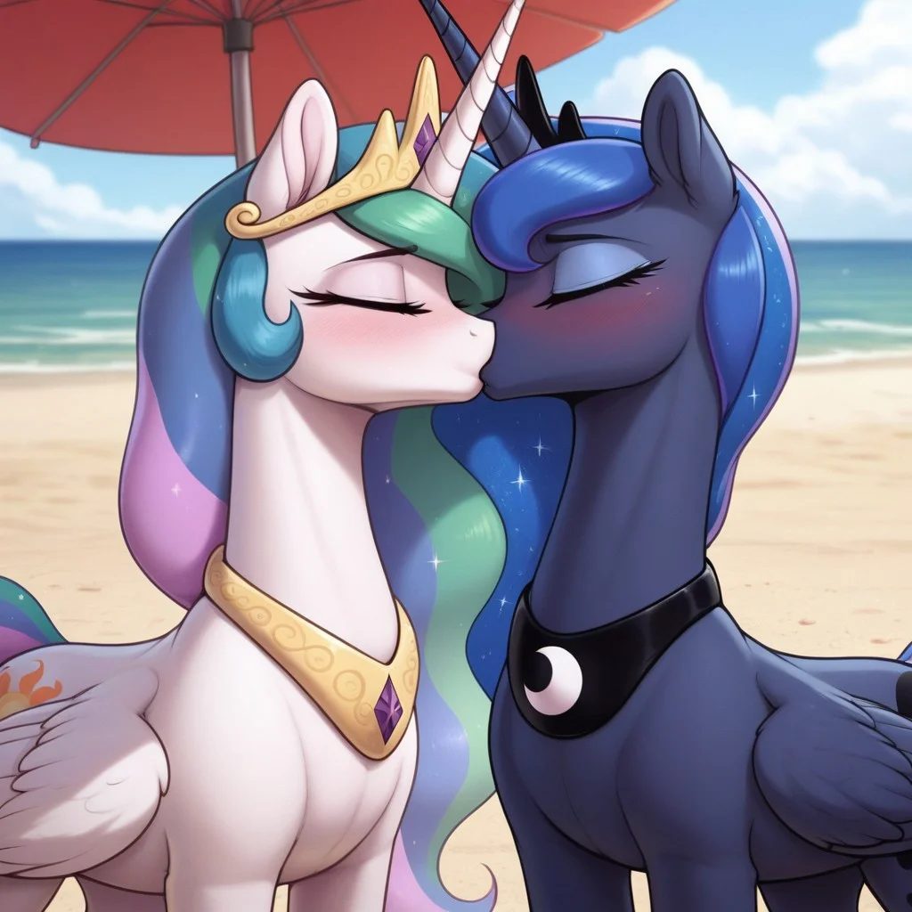 score_9, score_8_up, score_7_up, score_6_up, pony, alicorn, feral, mare, duo, (princess luna), princess celestia, no breasts, beach, outdoors, beach umbrella, tail, photo_realistic, anatomically correct, closed eyes, standing, blushing, kissing, close-up