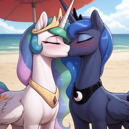 score_9, score_8_up, score_7_up, score_6_up, pony, alicorn, feral, mare, duo, (princess luna), princess celestia, no breasts, beach, outdoors, beach umbrella, tail, photo_realistic, anatomically correct, closed eyes, standing, blushing, kissing, close-up