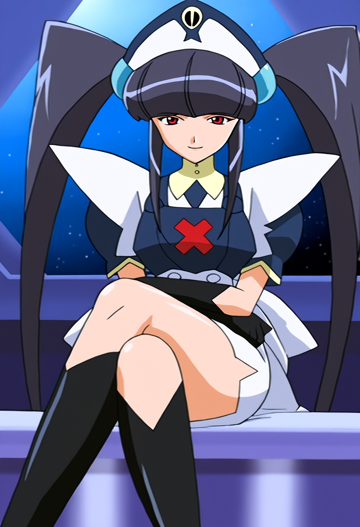 high quality, highres,1girl, paiway underberg, solo,red eyes,looking at viewer, smile,paiway outfit,long hair, bangs, black hair, twintails, ponytail, blunt bangs, nurse cap,  gloves,indoors, space,  knee boots, sitting, crossed legs,