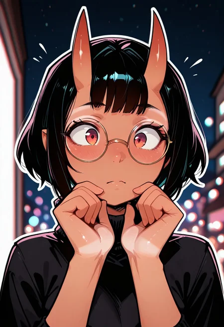 masterpiece,best quality,amazing quality, oni girl, oni horns, tanlines, wide hips, round glasses, portrait, CCCP style, pinch gesture
white outline glow, chromatic aberration, blurred background, night club, high res image, high res image, , high res image