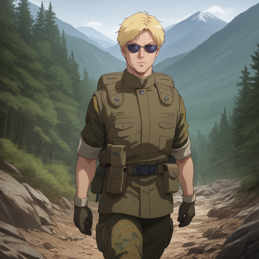 score_9, score_8_up, score_8, solo, adult, <lora:Zeon_Soldier_Mobile_Suit_Gundam_Pony_SDXL:1>, zeon soldier, uniform, 1 man, blonde hair, wearing sunglasses, hiking up a mountain, forest