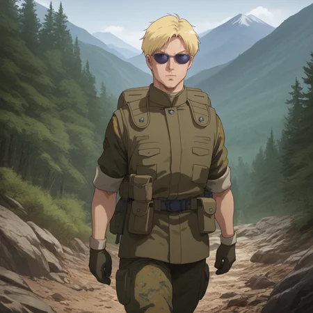 score_9, score_8_up, score_8, solo, adult, <lora:Zeon_Soldier_Mobile_Suit_Gundam_Pony_SDXL:1>, zeon soldier, uniform, 1 man, blonde hair, wearing sunglasses, hiking up a mountain, forest