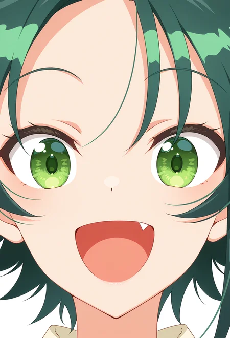 <lora:MINAMI SHIUNJI_illustrious-000056:1>,
MINAMI SHIUNJI, solo, open mouth, fang, smile, looking at viewer, close-up, :d