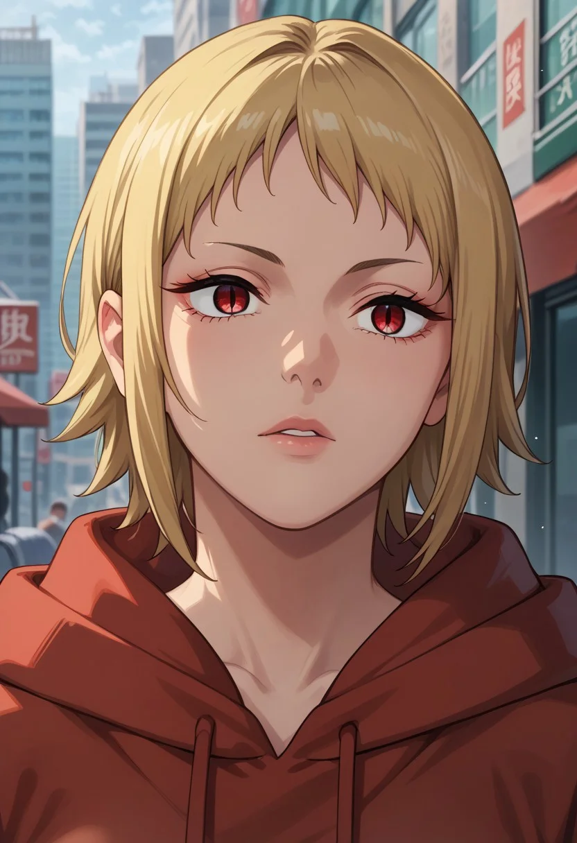 anime artwork, score_9, score_8_up, score_7_up, score_6_up, score_5_up, solo, perfect eyes, detailed eyes, beautiful female, detailed face, dynamics lines, 20 year old, perfect beautiful face, long eyelashes, sharp eyes pupils, (city), (upper body:1.5), medium breasts, 1girl, blonde hair, short hair, red eyes, slit pupils, red hoodie, looking at viewer