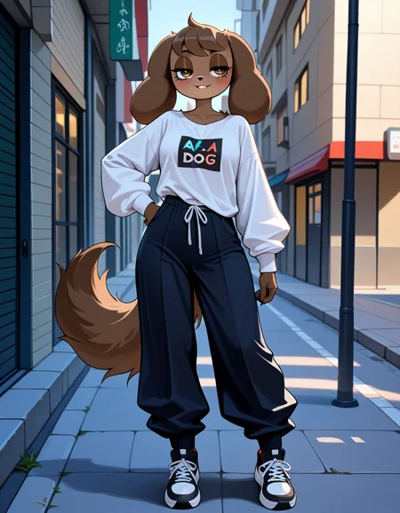 masterpiece, best quality, very aesthetic, absurdres,8k_uhd
outdoors, street fashion,
full body, standing, posing,
 seductive smile, parted lips, long eyelashes,
 <lora:Anna_Holiday_v01_NAIXL:1>
4nn4h,1girl,solo,furry,furry female,a girl,dog ears,long ears,brown hair,shor hair,brow eyes,body fur,brown fur,dog tail,