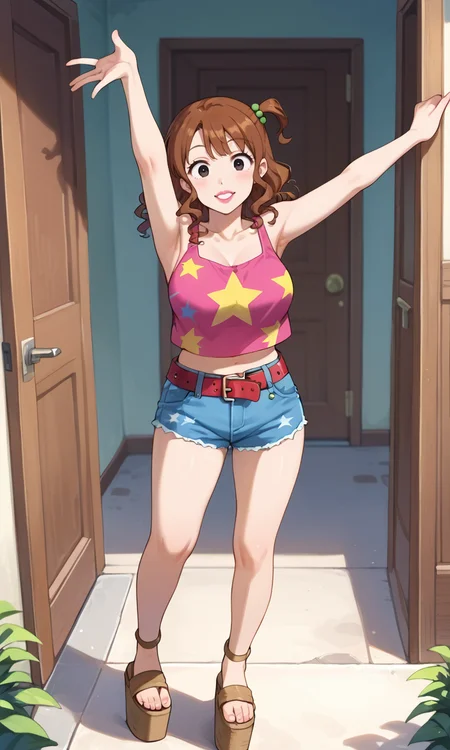 (1girl:1.5), (solo:1.3), (score_9, score_8_up, score_7_up, score_6_up, score_5_up, score_4_up), (source_anime), rating_questionable,
 <lora:kutsuzoko-atsuko_v3:0.8> (kutsuzoko-atsuko), (hair between eyes, black eyes, one side up, hair beads, brown hair, medium hair, curly hair, pink lips, lipstick), (large breasts),
 (pink tank top, star print, collarbone, red belt, denim shorts, short shorts, sandals, platform sandals), 
 (cowboy shot:1.3), parted lips, smile, outdoors,  doorway, 
(dancing:1.5),  spread arms, face up,wide-eyed,