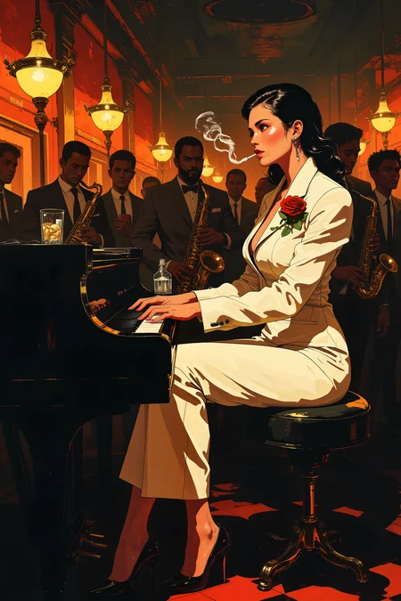 In a smoky jazz lounge, a woman in a sleek white suit sits at the grand piano, her fingers gliding effortlessly across the keys as she plays a melody that drips with cool, effortless charm. Her raven-black hair is slicked back, and her deep crimson lipstick matches the single rose tucked into the lapel of her jacket. The crowd watches in awe, entranced by both the music and the undeniable presence she carries. A silver cigarette holder rests between her fingers, a wisp of smoke curling toward the low-hanging lights as she plays without ever missing a note. The band behind her follows her lead, saxophones and bass guitar harmonizing with her every movement. Her high-heeled boot taps the floor in perfect rhythm, the glossy black leather catching the ambient glow of the clubâs golden chandeliers. The world outside is loud, chaoticâbut here, in this moment, she is untouchable. , detailed background Fantastic lighting. Detailed shadows.intricate details, vivid colors, hyper-detailed, ultra-sharp, , ,in the style of cksc,anime, cyberpunk, DB4RZ, DB4RZ style painting <lora:CPA:0.5><lora:FLUX-daubrez-DB4RZ:0.3><lora:Luminous_Shadowscape-000016:0.3><lora:ck-shadow-circuit-000021:0.35>