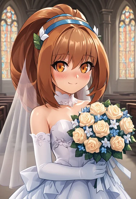 score_4,score_5,score_6,score_7_up,score_8_up,score_9
((masterpiece,best quality,ultra detailed,highres,HD,4k:1.2)),
1 cute girl,
upper body,face forcus,1girl, solo, navel, brown hair, orange eyes,sidelocks, hair band, blue hairband, 
((Let your hair down, not a ponytail:1.3))
Church, wedding, wedding dress, bouquet,
Blushing, shyness, a shy smile, looking at the viewer,