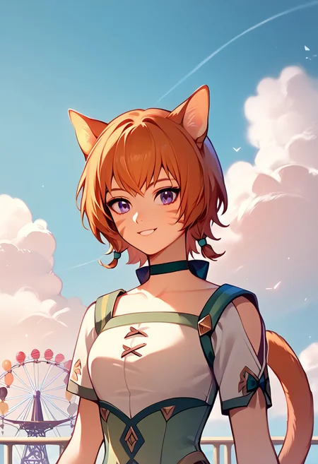 score_9, score_8_up, score_7_up, highres, (best quality:1.1), masterpiece, absurdes, multiple girls, utdoors, sky, solo focus, day, cloud, 1girl, blue sky,balloon, roller coaster, Lethe, purple eyes, cat ears, cat tail, whisker markings, smile, (upper body:1.1)