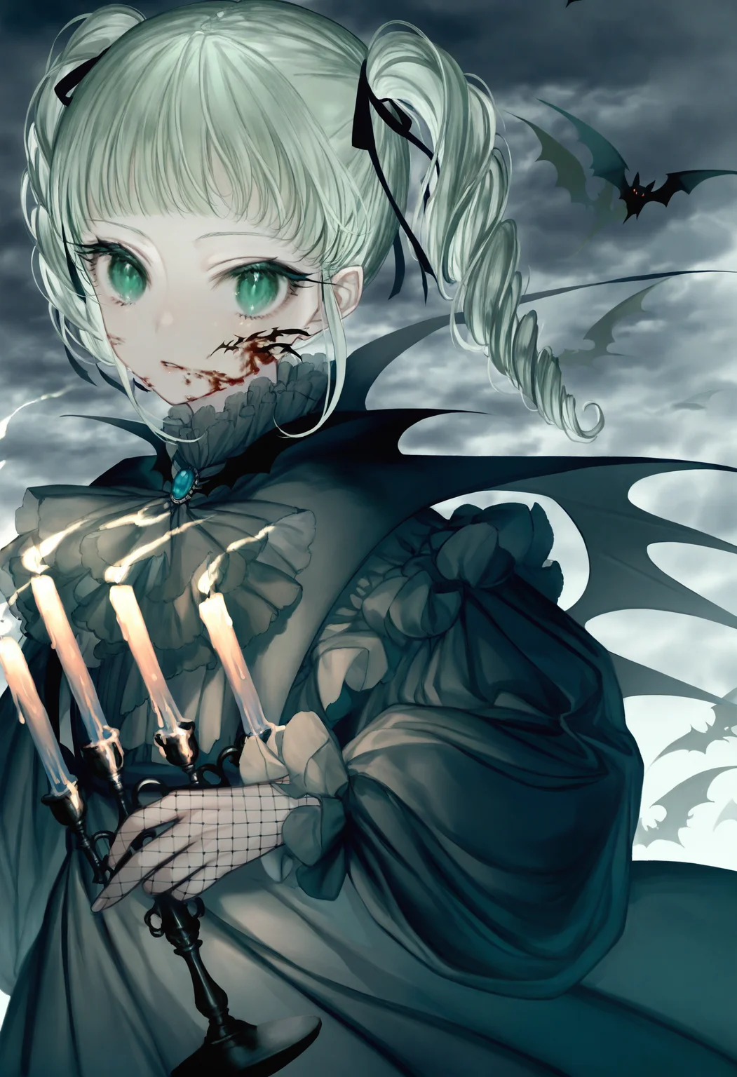 <lora:myc1_noob1.1-000189:1>,
1girl, solo, todo yurika, ribbon, candle, holding, hair ribbon, fishnet gloves, fishnets, black dress, dress, cloud, candlestand, cloudy sky, looking at viewer, drill hair, sky, gloves, puffy sleeves, wings, green eyes, long sleeves, black ribbon, outdoors, twintails, frills, puffy long sleeves, ascot, brooch, jewelry, parted lips, twin drills, fire, blood, grey sky, blood on face, eyelashes, green hair, long hair, closed mouth, bat \(animal\),
masterpiece,best quality,newest,absurdres,highres,very awa,