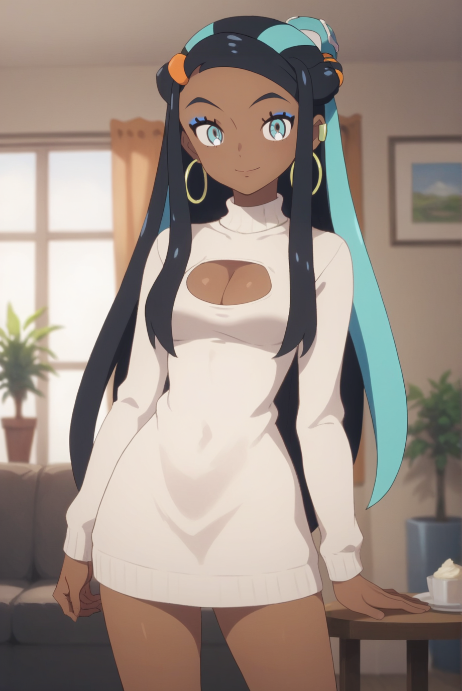score_9, score_8_up, score_7_up, score_6_up, score_5_up, score_4_up, BREAK source_anime, 1girl, solo,
<lora:PokemonNessaXL-v1-06:0.7>, ChopioNessa, black hair, aqua hair, multicolored hair, two-tone hair, long hair, single hair bun, white hair ornament, sidelocks, orange hair beads, blue eyes, eyelashes, makeup, blue eyeshadow, hoop earrings, earclip, looking at viewer, 
dark-skinned female, mature female, [small breasts : medium breasts: 10],
living room, table, potted plant, cream sweater dress, cleavage cutout, cleavage, seductive smile, thighs, contrapposto, standing, long sleeves, sexy pose,