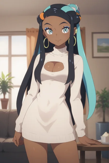 score_9, score_8_up, score_7_up, score_6_up, score_5_up, score_4_up, BREAK source_anime, 1girl, solo,
<lora:PokemonNessaXL-v1-06:0.7>, ChopioNessa, black hair, aqua hair, multicolored hair, two-tone hair, long hair, single hair bun, white hair ornament, sidelocks, orange hair beads, blue eyes, eyelashes, makeup, blue eyeshadow, hoop earrings, earclip, looking at viewer, 
dark-skinned female, mature female, [small breasts : medium breasts: 10],
living room, table, potted plant, cream sweater dress, cleavage cutout, cleavage, seductive smile, thighs, contrapposto, standing, long sleeves, sexy pose,