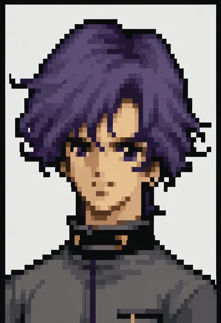 score_9, score_8_up, score_7_up, source_anime, 1boy, solo,
<lora:zs_FE4PortraitsXL:1> fe4portraits, portrait, pixel art, white background
<lora:-pdxl_Fp:1> naoyap1, grey uniform, purple eyes, single earring, purple hair
