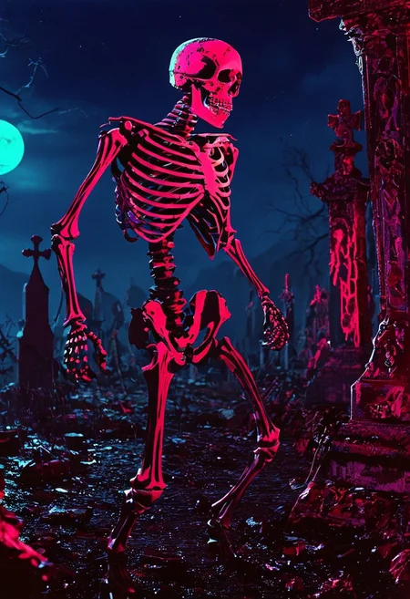 A group of Soda Junkies in a heated battle against skeleton warriors in a gloomy graveyard. The moonlight casts an eerie glow, illuminating their shirtless, muscular bodies as they fight with frenzied energy. One Soda Junkie delivers a powerful back attack, causing a skeleton to shatter into pieces., 
in the style of hauntingly atmospheric dark fantasy, VHS, horror, 80's horror with vibrant colors
silhouette ,
in the style of the decaying empire of Wrstreich, dark magic and grotesque creatures abound, inspired by Sean Aaberg's punk aesthetic, dark fantasy world combines grim landscapes with vibrant, exaggerated neon colorful art, old 80's VHS dark fantasy, VHS screen grab, grainy, old footage