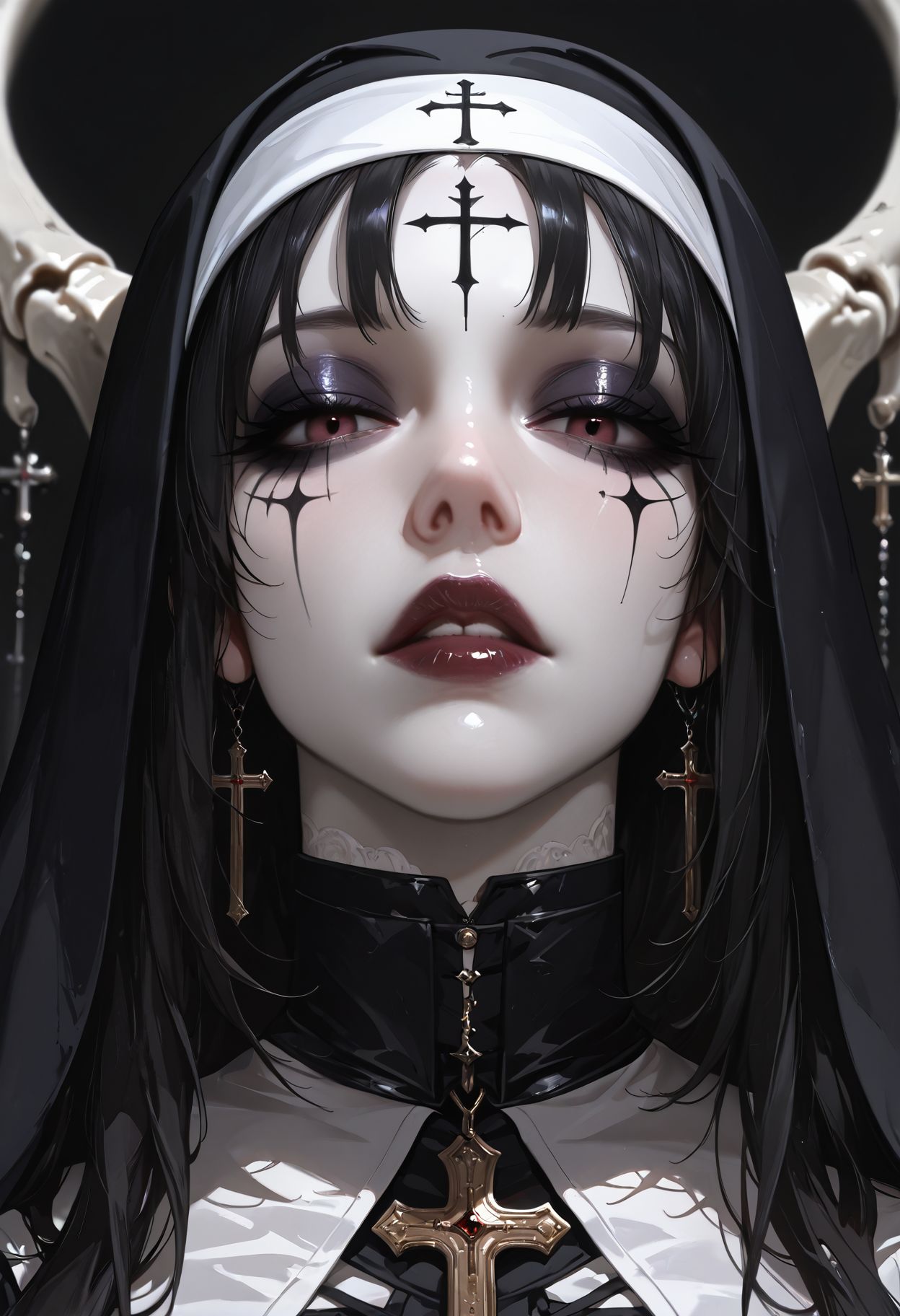masterpiece, best quality,  very aesthetic, absurdres, newest, depth of field,realistic, goth girl  <lora:gothic_niji_style_ilxl_goofy:0.8>
1girl, latin cross, habit, nun, skeleton-human hybrid, black background, makeup, eyeshadow, looking at viewer, facial mark, veil, pale skin, lipstick, parted lips, portrait, forehead mark