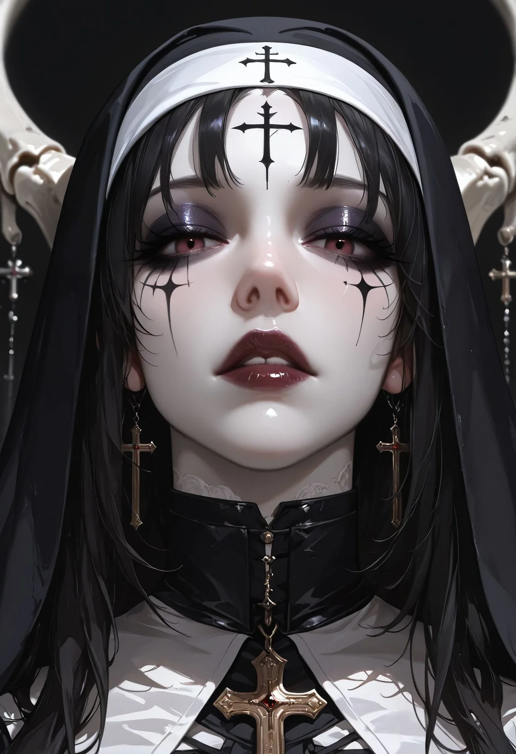 masterpiece, best quality, very aesthetic, absurdres, newest, depth of field,realistic, goth girl <lora:gothic_niji_style_ilxl_goofy:0.8>
1girl, latin cross, habit, nun, skeleton-human hybrid, black background, makeup, eyeshadow, looking at viewer, facial mark, veil, pale skin, lipstick, parted lips, portrait, forehead mark