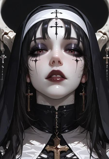 masterpiece, best quality, very aesthetic, absurdres, newest, depth of field,realistic, goth girl <lora:gothic_niji_style_ilxl_goofy:0.8>
1girl, latin cross, habit, nun, skeleton-human hybrid, black background, makeup, eyeshadow, looking at viewer, facial mark, veil, pale skin, lipstick, parted lips, portrait, forehead mark