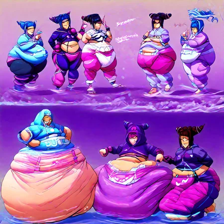 juri, juri han, street fighter, street fighter 6, felicia, darkstalkers, cat girl, blue hair, fat, female, diaper, puffy diaper, big diaper, waddle, huge diaper, chubby, onesie, massive diaper, confident, anime, anime artsyle, weight gain, fat legs, cheerful, friendly,