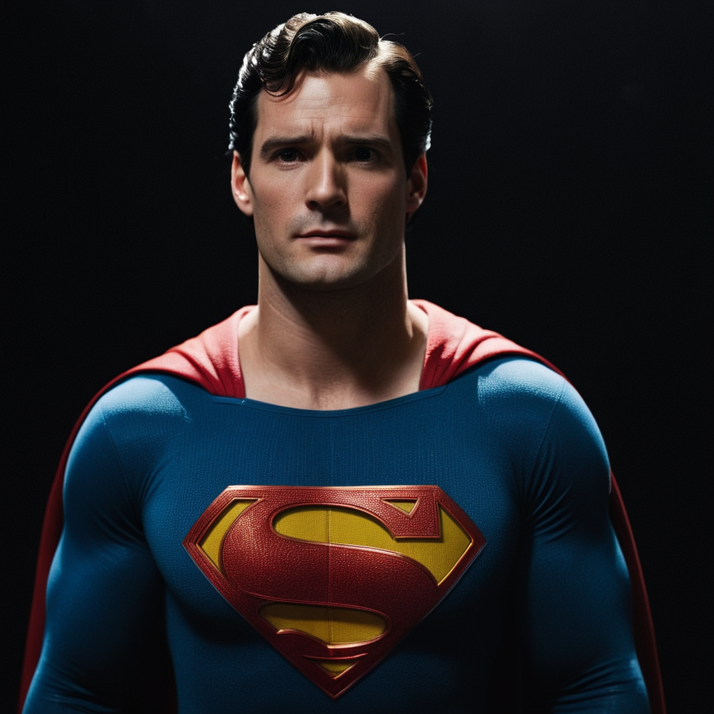 cinematic film still of  <lora:Hyperrealism style v2:1>
a man in a superman costume standing in front of a black background Hyperrealism Style, shallow depth of field, vignette, highly detailed, high budget, bokeh, cinemascope, moody, epic, gorgeous, film grain, grainy