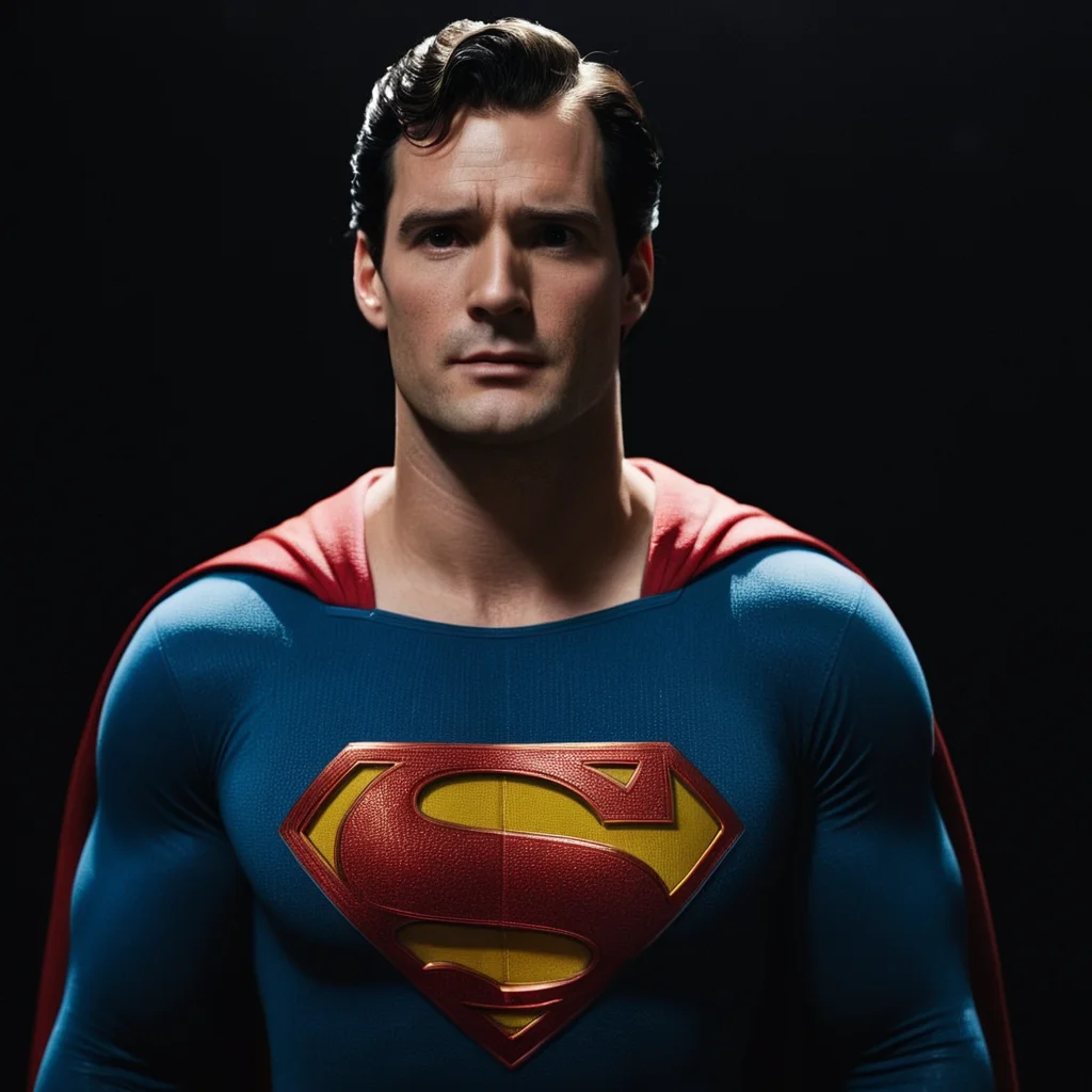 cinematic film still of <lora:Hyperrealism style v2:1>
a man in a superman costume standing in front of a black background Hyperrealism Style, shallow depth of field, vignette, highly detailed, high budget, bokeh, cinemascope, moody, epic, gorgeous, film grain, grainy