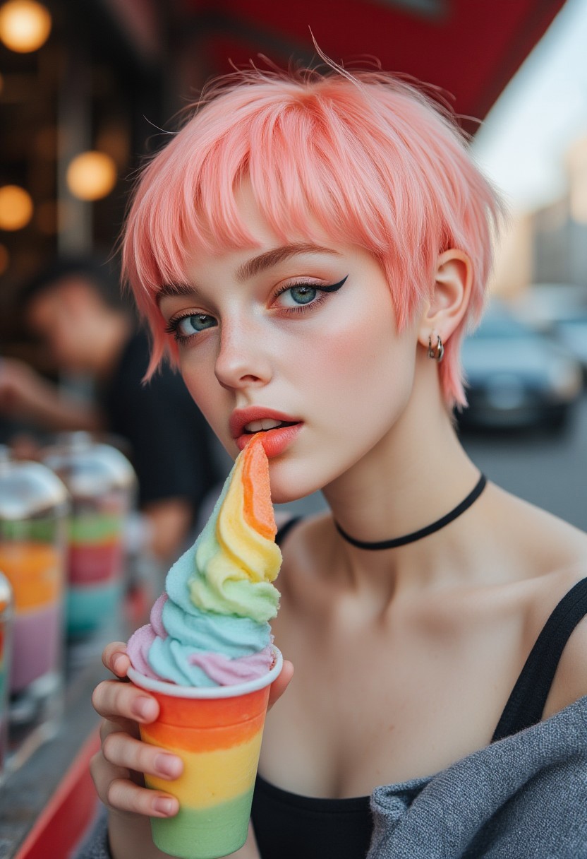 FictionalPeach, punk girl with short pink hair. eating a rainbow colored softserve icecream at an outdoor market. Cute soft smile