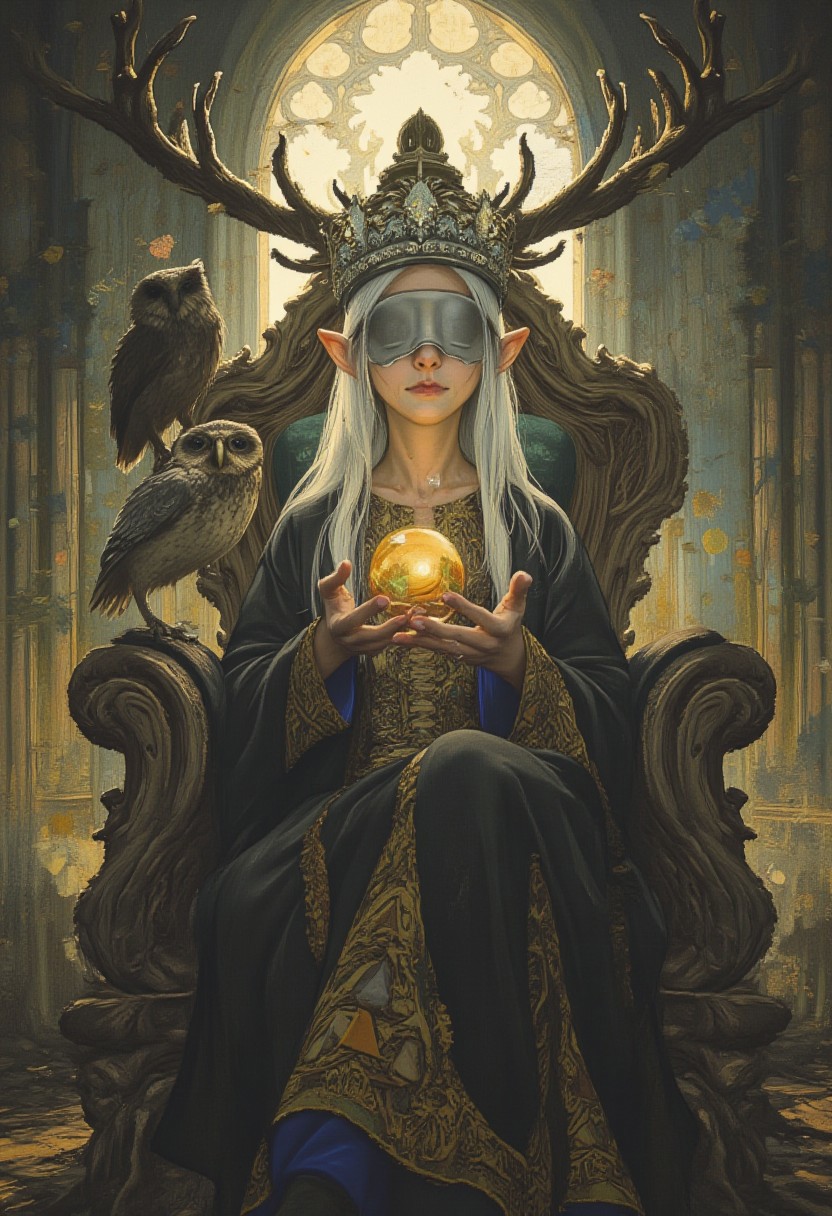 comic art by Mike Allred, 
style of Ted Nasmith, 
Blindfolded elven oracle seated on a throne of roots and bone, long white hair spilling over embroidered robes, silver crown of antlers, glowing crystal orb hovering in one hand, faint trails of magic swirling from her fingertips, owl perched on her shoulder, backdrop of a broken cathedral overgrown with vines, dramatic oil lighting, deep shadows pierced by golden divine beams  
, masterpiece,
art by torikun, SentinelBot, OBxiaoxiang